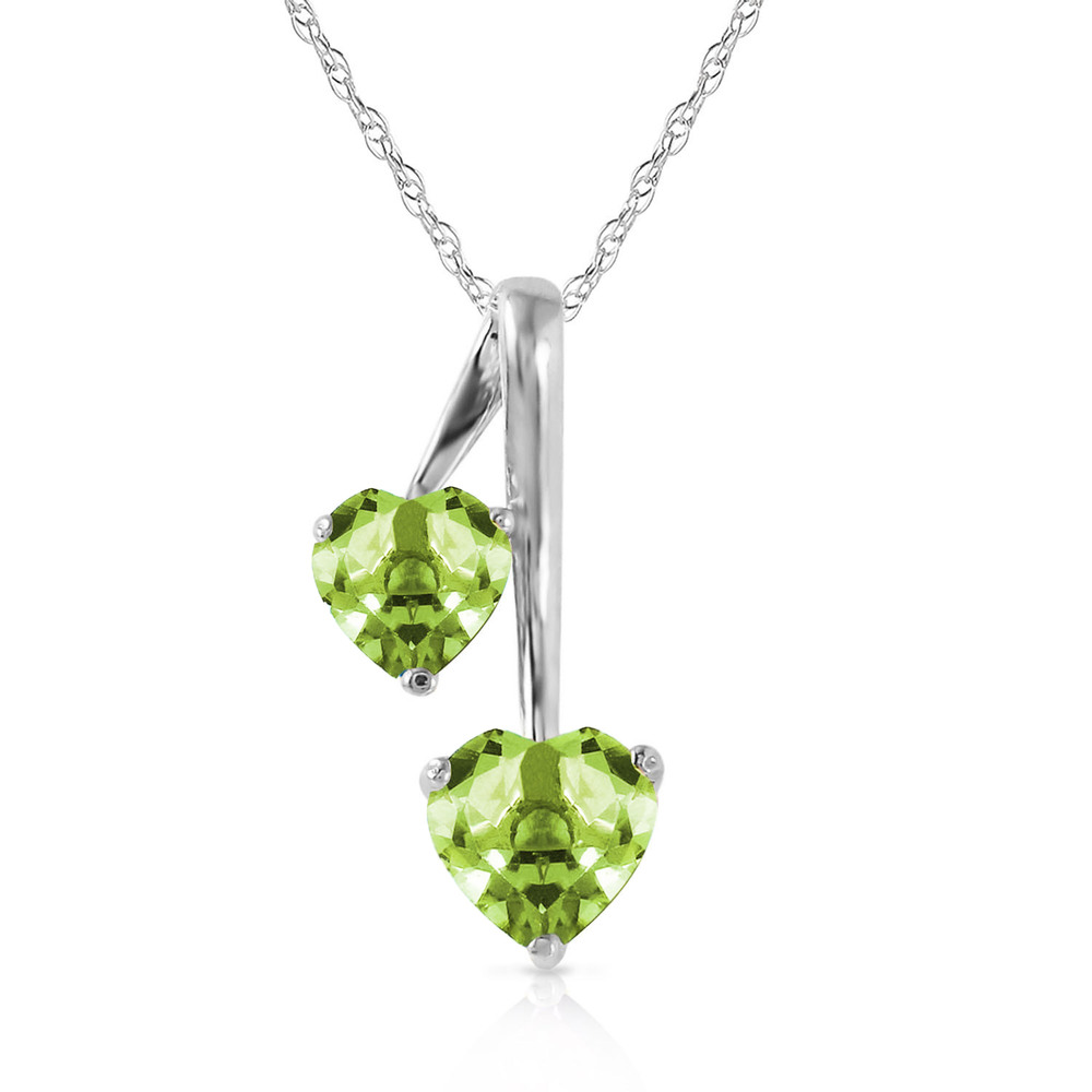 14K.SOLID GOLD HEARTS NECKLACE WITH NATURAL PERIDOTS (White Gold)